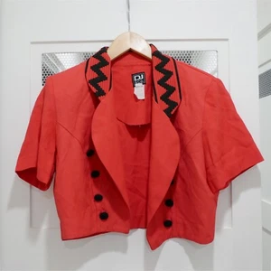 Vtg 80s 90s Cropped Jacket XS Small Blazer Red Black Zig Zag Preppy Club Wear - Picture 1 of 6