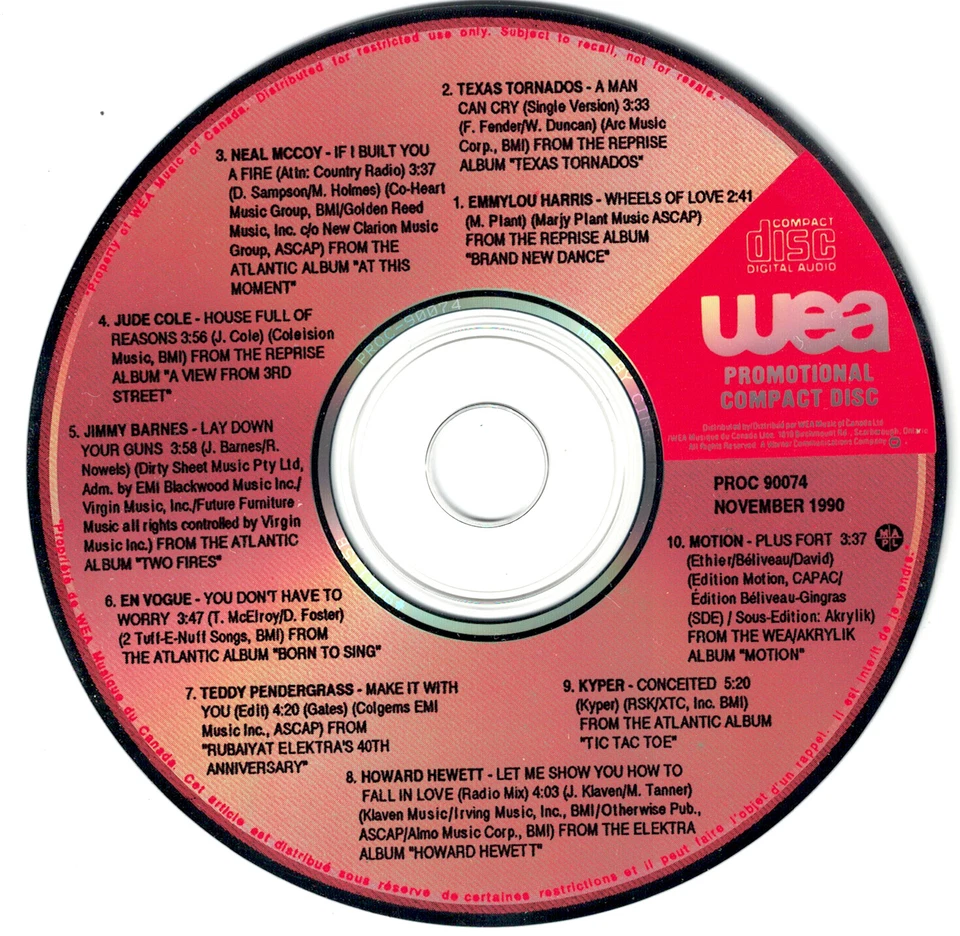 CANADA 1990 PROMO CD VARIOUS EMMYLOU HARRIS NEAL McCOY EN VOGUE MOTION KYPER - Image 1 of 1