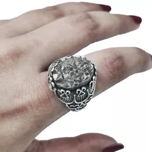 NATURAL RAW PYRITE 925 STERLING SILVER TURKEY OTTOMAN STYLE HEAVY MENS RING - Picture 1 of 7