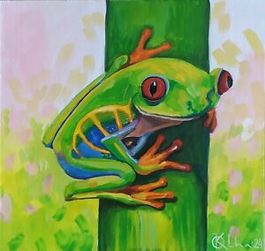 gouache painting on cardboard original hand made art with funny tree frog №3