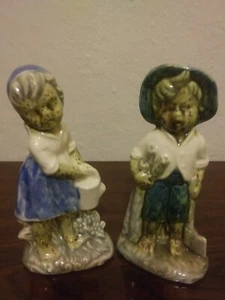 Vintage Boy and Girl Figurines Unique Strange Glazing Very Odd - Picture 1 of 9