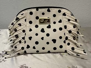 Betsey Johnson Top Zip Lips Clutch White Black Animal Print Fringe - Picture 1 of 2