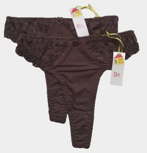Set of 2 Daniel Axel Brown High Waist High Leg Lace Side Thongs Size 8/10 - Picture 1 of 4