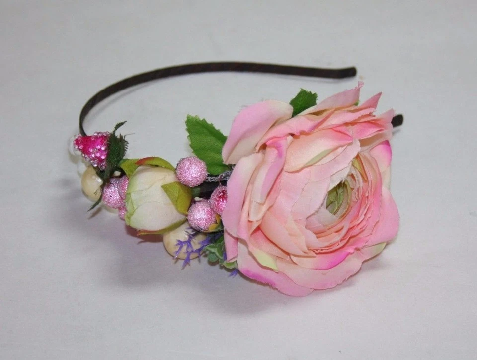 Tocado de Boda, Diadema Colores Rosa/Blanco, Diadema Flor con Frutas Falsas Foto 1 de 1