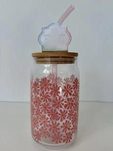 10 Strawberry Street “Pink flower” 15oz Glass Tumbler-Bamboo Lid And Straw-NWT! - Picture 1 of 5