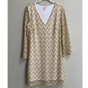 Lilly Pulitzer Gold Zig Zag Crochet Lace Jade Dress Size Large - Picture 1 of 12