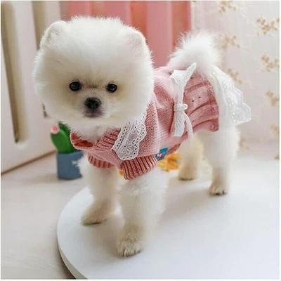 Щенок собаки свитер платье средний розовый белый бант кружева богемное жемчуг отверстие кокетка - Изображение 1 из 4