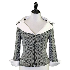 VTG Joseph Ribkoff Trends Jacket Wavy Sparkle Black White Portrait Collar SZ 10 - Picture 1 of 18