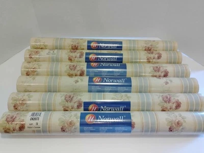 Vintage 6 Rolls  Norwall vinyl Wallpaper Beige Pink Floral Sealed prepasted - Image 1 of 3