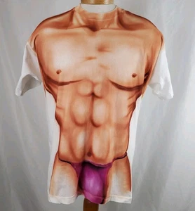 Vintage Fake Six Pack männlicher Torso T-Shirt XXL weiß Baumwolle Poly Einzelnaht USA - Bild 1 von 7