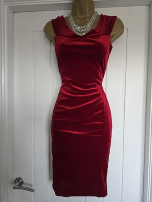 Vintage 1950s Bardot Style Stretch Red Velvet Christmas Party Wiggle Dress Sz 10 - Image 1 of 4