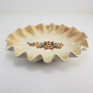 Ruffled Edge Decorative Oval Creme Ceramic Bowl Autumn Floral Design 12" Vintage - Picture 1 of 8