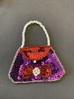 Sequin Red Purple Purse with Bow Applique Patch 3” Sew In Beaded Faux Pearls