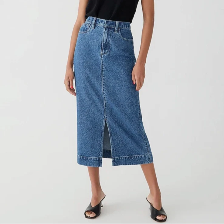 Saia jeans J Crew midi fenda frontal nova sem etiquetas em lavagem de nogueira tamanho 28 - Imagem 1 de 4