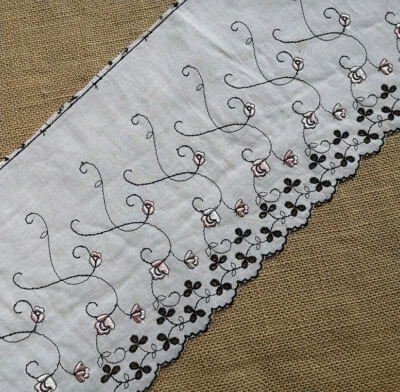 5 Yards 7.5'' Wide Ivory Cotton Febric/Embroidered Black/Pink Flower Lace b0339 - Image 1 of 2