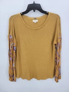 Cupio Top Womens Medium Gold Waffle Knit Floral Lantern Sleeve Boho Peasant - Picture 1 of 9