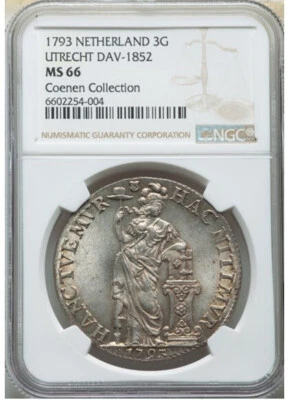 1793 Utrecht Provincial 3 Gulden NGC MS66 Top Pop across all grading services - Image 1 of 4