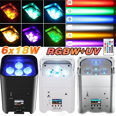 108W Par Quad 6 Battery Powered LED Uplight RGBWA+UV Wifi APP DMX Wireless Par - Image 1 of 4