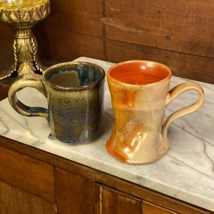 Studio Pottery Mug Set Drip Glaze Blue & Orange ~ Artist Signed ~ Set of 2 - Picture 1 of 20
