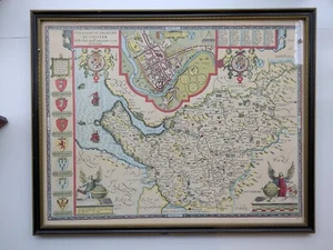 Colourful framed map of "The Countye Palatine of Chester" 1676 edition - Picture 1 of 3