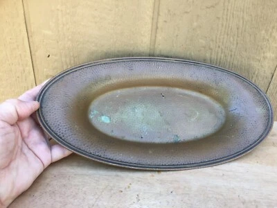 Hammered Copper Bowl Dish Tray Oval 13" Antique Worn Silverplate Arts & Crafts   - Image 1 of 4