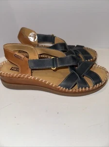 Pikolinos Sandals Womens 37 Cadaques Slingback Comfort Wedge Heels Navy Leather - Picture 1 of 7
