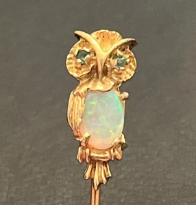 Vintage 14K Gelb Massiv Gold Smaragd Augen Opal Gelee Bauch Eule Stecknadel Selten - Bild 1 von 12