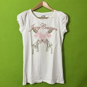 Large Juicy Couture Y2K Damen-T-Shirt weiß Grafik Made in USA Strass rosa - Bild 1 von 7
