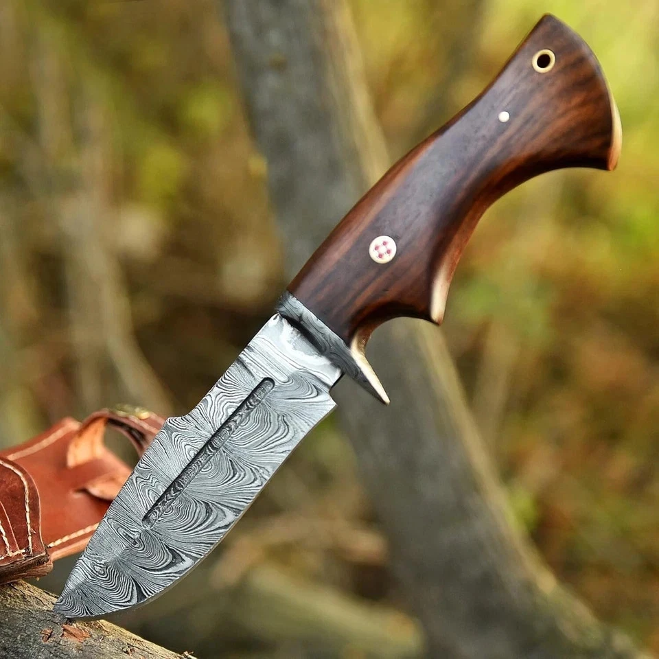Xiaotianlai TXL Damast Jagdmesser – VG10 Klinge, Holzgriff, Lederscheide Mit Gürtelschlaufe Für Camping & Survival