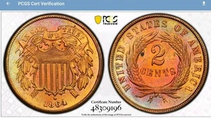 1864 2 cent piece large motto. Repunched Date. PCGS Graded AU Detail. Colorful! - Picture 1 of 7