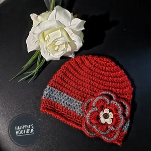Crochet Baby Beanie size Newborn Color Burgundy Gray Handmade - Picture 1 of 6