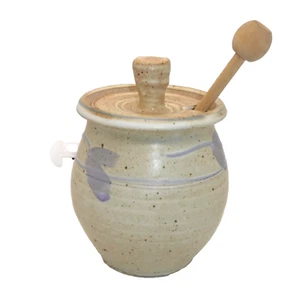 Olla de miel de cerámica artística con cucharón y tapa - diseño floral tostado y gris - Imagen 1 de 1