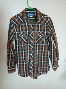 Vintage Wrangler Western Snap Shirt Men L Heavy Flannel Brown Plaid LONG TAIL - Imagen 1 de 3