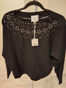 Liv Milano Black Pullover Knit Size Medium Rhinestones Women’s Sweater - Picture 1 of 6
