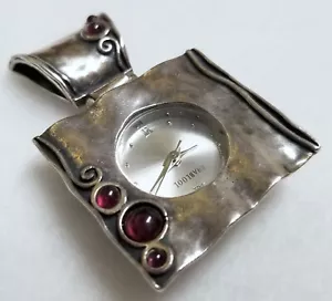 Vintage 925 Antiqued Sterling Silver Shablool Isreal Pendant Watch w Red Garnets - Picture 1 of 11