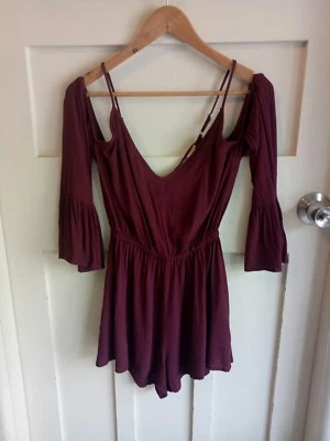 Some Days Lovin Maroon Long Sleeve Split Women's Playsuit Romper Lace Up Back XS - Image 1 of 4