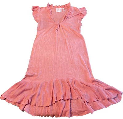 QI Silk Blend  Women’s Cap Sleeve V-Neck Sweater Dress Sz L Coral Ruffle Hem - Image 1 of 4