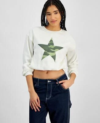 Planet Heart Juniors' Bubble Hem Varsity Crewneck Sweatshirt - White/Camo Size M - Image 1 of 4