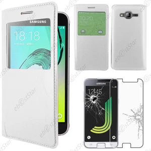 Housse Etui Fen�tre PU Cuir Blanc pour Samsung Galaxy J3 2016 SM-J320F + Verre - Photo 1 sur 1