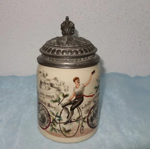 antiker Radfahrer-/rarer Hochradkrug um 1890 Beer Stein - All Heil - Bild 1 von 10