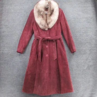 Vintage Leather Attic Coat Womens 9/10 Suede Fur Collar Long Belted 1970s Maroon - Image 1 of 4