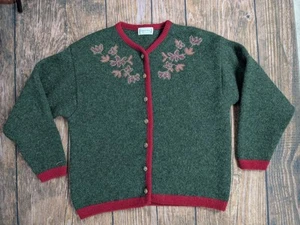 Vintage Equorian Hand Knit Cardigan 100% Shetland Wool Green Floral Womens Large - Picture 1 of 14