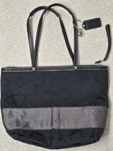 Coach Tasche schwarz/silber Canvas/Leder Beuteltasche Doppelriemen Bling Medium - Bild 1 von 20