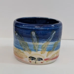 Vintage Sun Face Ray Studiokeramik Übertopf kurze Vase Bleistiftglas signiert Crackle - Bild 1 von 10