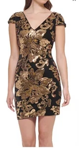 Vestido Vaina Guess Para Mujer Terciopelo Floral Lentejuelas Negro Y Dorado Talla 6 NUEVO - Imagen 1 de 15
