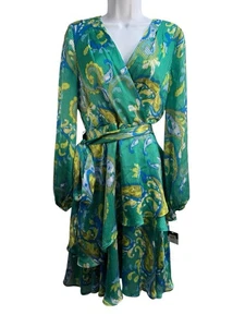 TAHARI ASL Women's Size 4 Wrap Belt Dress Green Paisley Ruffle Print Lined NWT - Picture 1 of 12