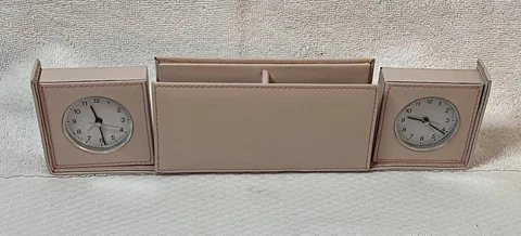 Vtg Analog Travel Alarm Clock 2/Duel Time Zones Pink Leather Fold Up Hide Away Cover