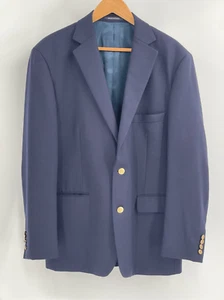 Lands End Blazer Sport Coat Suit Jacket Men Size 44 Blue Gold Button Wool - Picture 1 of 11
