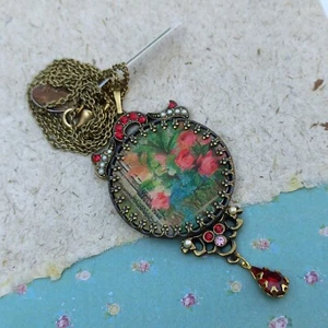 Michal Negrin Necklace Lenticular 3D Roses Long Pearls Crystals Filigree Gift - Picture 1 of 16