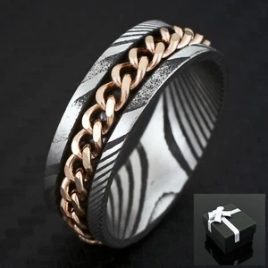 Anillo de boda centro de cadena enchapado en acero y oro rosa de 8 mm para hombre Damasco - Imagen 1 de 7